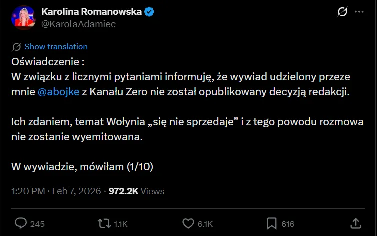 Kanał Zero nie wyemitował wywiadu z Karoliną Romanowską nt. planowanych ekshumacji na Wołyniu bo temat "się nie sprzedaje"