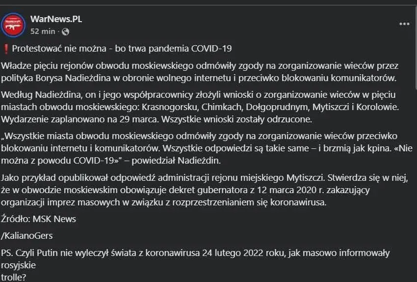 [Rosja] Władze pięciu rejonów obwodu moskiewskiego odmówiły zgody na zorganizowanie wieców przez polityka Borysa Nadieżdina w obronie wolnego internetu. Protestować nie można, bo trwa pandemia COVI...