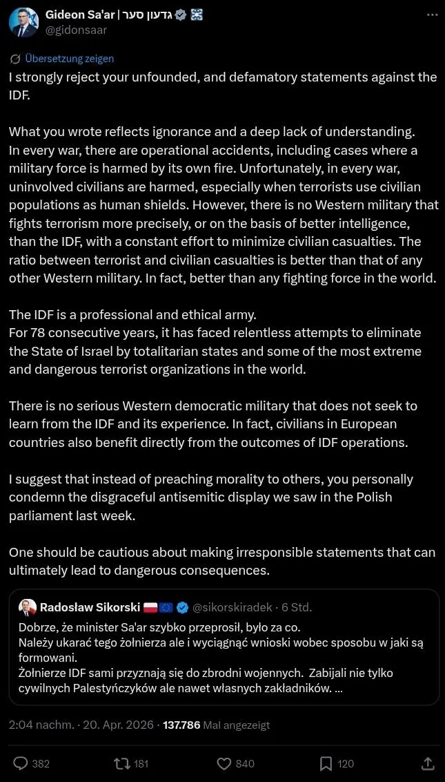 Izraelski szef MSZ obraża Sikorskiego