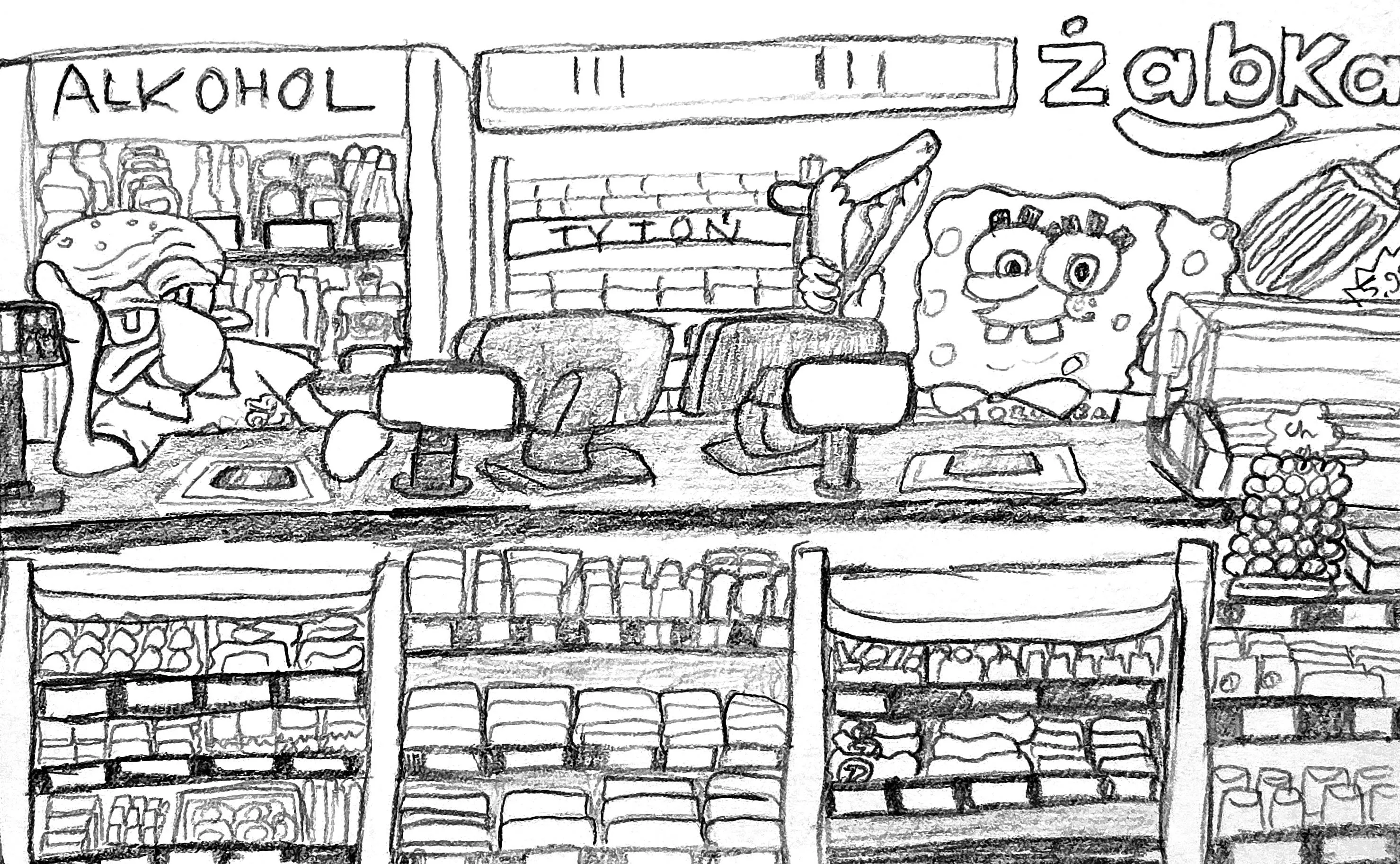Spongebob i Skalmar pracujący w Żabce. Sprzedają zajebiste Hot Doggi