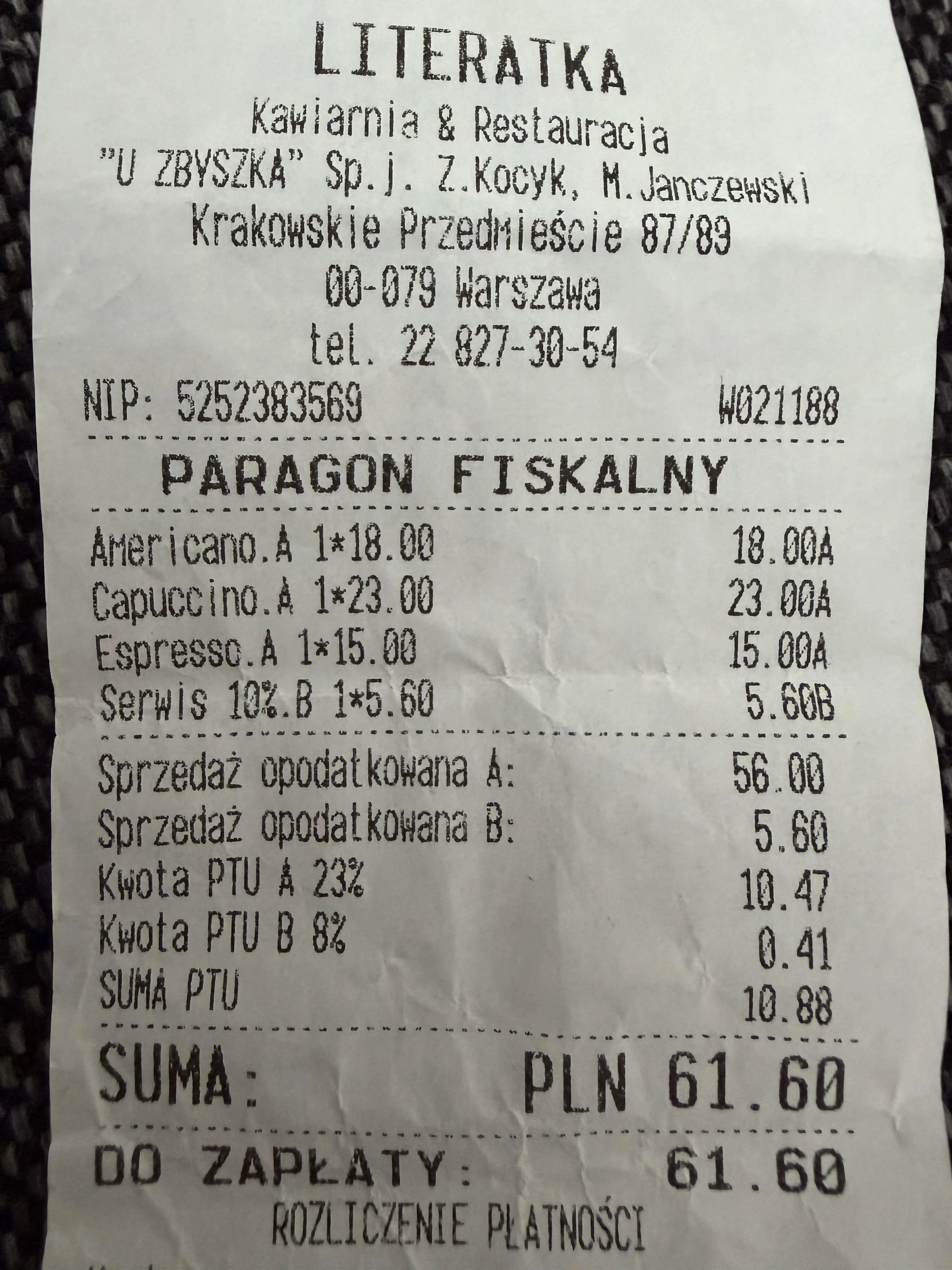 Paragon grozy - 2 kawy. Americano + flat white