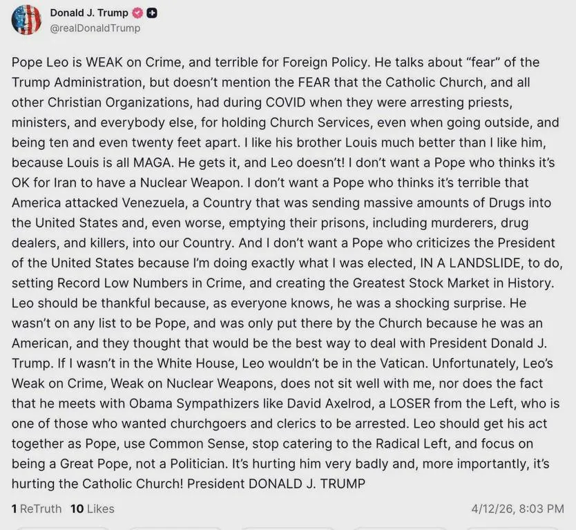 "Gdybym nie był w Białym Domu, [papież] Leon nie byłby w Watykanie" & "Leon jest zbyt pobłażliwy wobec przestępczości i broni jądrowej" - Trump w formie (tł. w komentarzu)