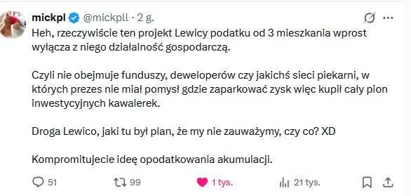 Projekt Lewicy podatku od 3 mieszkania wprost wyłącza z niego dzialalność gospodarczą.