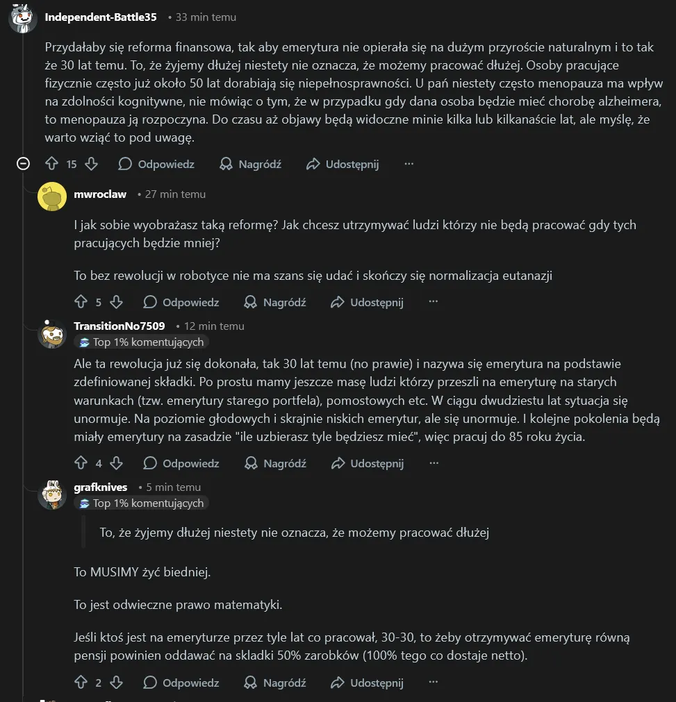 Taka dyskusja na reddicie odnośnie aktualnych i przyszłych emerytów